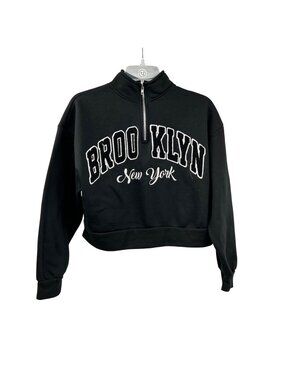 Faded Rose Womens Brooklyn New York Cropped Sweatshirt Black/White 1/4 Zip M